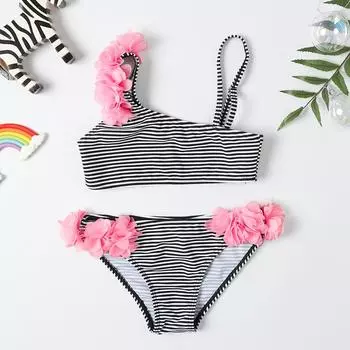 Бикини-костюм с принтом тай-дай для девочек и рюшами и оборками. Детский разделенный купальник. L чёрный