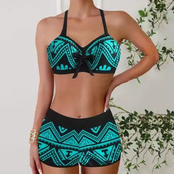 Бикини купальник женский принт купальники на шнуровке бикини комплект сексуальный купальный костюм женский летний пляжный бикини из двух частей XS синий