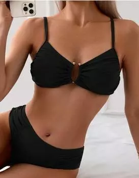 Бикини купальник женский сексуальный красотка высокая талия однотонный купальник раздельный купальник S чёрный