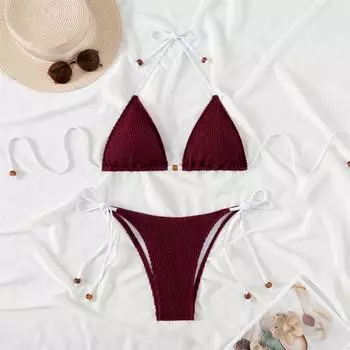 Бикини новый купальник женский купальный костюм с бретелькой через шею сплошной комплект бикини со шнуровкой сексуальные стринги летняя пляжная одежда купальный костюм женский из двух частей L красный