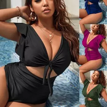 Бикини новый сексуальный костюм цельный купальник однотонный многоцветный купальник больших размеров 0XL чёрный