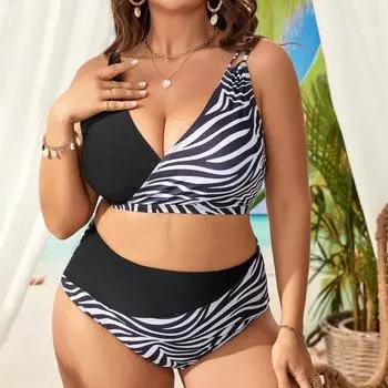 Бикини, новый сексуальный костюм, разделенный купальник, черно-белый купальник большого размера с принтом 0XL чёрный