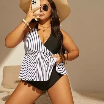 Бикини новый сексуальный раздельный купальник цветной принт купальник размера плюс 4XL 0XL чёрный