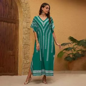 Бикини-платье с V-образным вырезом, коротким рукавом, свободный крой, пляжный топ с узором в этническом стиле зелёный