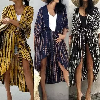 Бикини-прикрытие в полоску, нерегулярное женское защитное кимоно, темпераментное солнцезащитное платье для пляжа чёрный