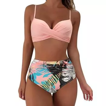 Бикини пуш-ап купальник женский сексуальный однотонный купальник женский купальный костюм с цветочным принтом пляжная одежда с рюшами XL женское бикини с высокой талией S