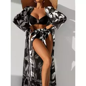 Бикини пуш-ап с принтом растений и кимоно, прикрытый купальник, женский купальник с длинным рукавом, комплект бикини из трех предметов, купальный костюм S