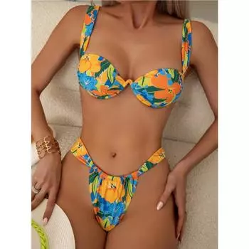 Бикини с эффектом пуш-ап, комплект микро бикини, 2024, женский купальник, сексуальный женский купальник, купальный костюм с цветочным принтом, стринги, бикини, купальные костюмы S жёлтый