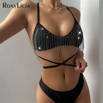 Бикини с блестящими кисточками, женский купальник, женский купальник, комплект из двух частей, мягкий купальный костюм, купальный костюм для женщин S чёрный