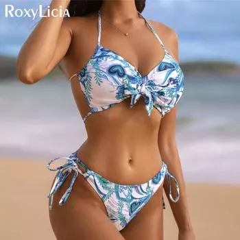 Бикини с бретельками и принтом, женский купальник, женский купальник, комплект бикини из двух частей, купальный костюм, купальный костюм для леди S синий