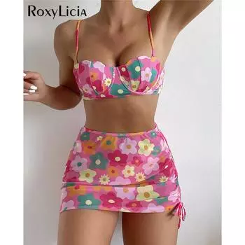 Бикини с цветами, купальник пуш-ап, женский купальник, женский комплект бикини из трех частей с юбкой, бюстгальтер с чашкой, купальный костюм, купальный костюм S розовый