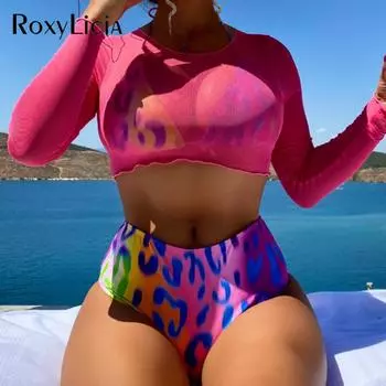 Бикини с длинным рукавом и принтом, высокая талия, женский купальник, женские купальники, комплект бикини из трех предметов, купальный костюм, купальный костюм для леди S розовый