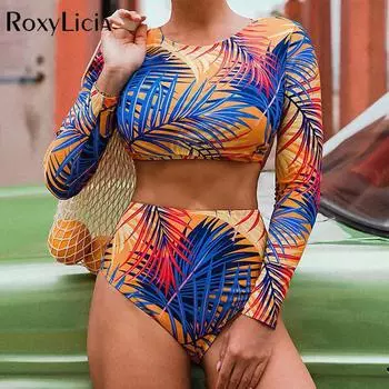 Бикини с длинными рукавами и высокой талией с принтом листьев, женский купальник, женский купальник, комплект бикини из двух частей, купальный костюм, купальный костюм S