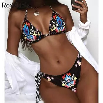 Бикини с лямкой на шее и цветочным принтом, женские купальники, женский купальник, комплект бикини из двух частей, бразильский купальный костюм, купальный костюм для женщин S