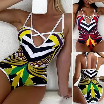 Бикини с открытой спиной и глубоким V-образным вырезом с цветочным принтом, цельный летний женский купальник