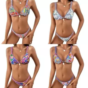 Бикини с открытой спиной в этническом стиле с цветочным принтом, стринги в стиле бохо, купальники для пляжа на горячих источниках L-Style A