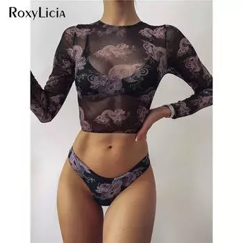 Бикини с принтом дракона, женские купальники, женский купальник, комплект бикини из трех предметов, стринги с длинными рукавами, купальный костюм S чёрный