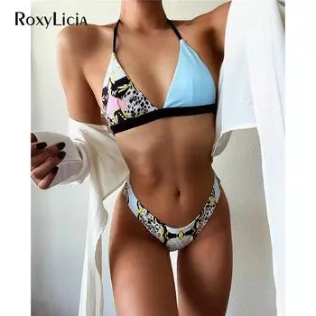 Бикини с принтом на шее, женский купальник, женский купальник, комплект из двух частей, купальный костюм со средней талией S синий
