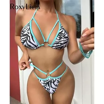 Бикини с принтом зебры, женский купальник с лямкой на шее и высоким вырезом, женский купальник, комплект бикини из двух частей, купальный костюм, купальный костюм для женщин S зебра