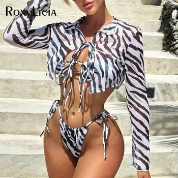 Бикини с принтом зебры, женский купальник, женский купальник, комплект бикини из трех частей с накидкой, купальный костюм для плавания S розовый
