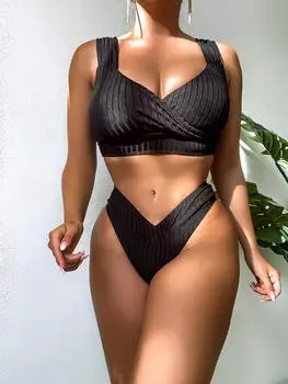 Бикини с пуш-ап, женские купальники, женские купальники, комплект бикини с высокой талией, купальные костюмы, пляжная одежда, купальные костюмы S чёрный