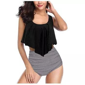 Бикини с рюшами и принтом закрывает живот и демонстрирует тонкий разделенный купальник для женщин L чёрный