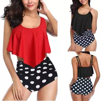 Бикини с рюшами и принтом закрывает живот и демонстрирует тонкий разделенный купальник для женщин XXL чёрный