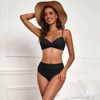 Бикини с талией, женский сексуальный купальник, комплект бикини с лямкой на шее, однотонный купальный костюм с пуш-ап, купальный костюм, боди S