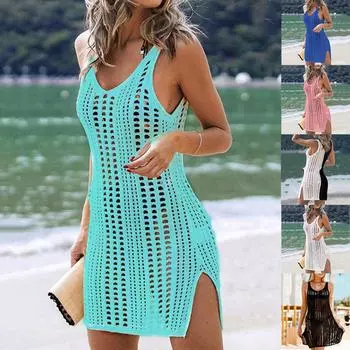 Бикини с вырезом и V-образным вырезом, летнее пляжное платье без рукавов с разрезом, пляжная одежда M чёрный/белый