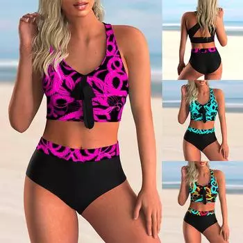 Бикини с высокой талией и принтом, сексуальный купальник, женский купальный костюм с пуш-ап, комплект бикини, большие размеры, купальники, женский пляжный купальный костюм S синий