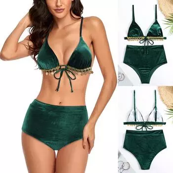 Бикини с высокой талией и принтом, сексуальный купальник, женский купальный костюм с пуш-ап, комплект бикини, большие размеры, купальники, женский пляжный купальный костюм S зелёный