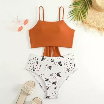 Бикини с высокой талией и завязками на спине, разделенный купальник, танкини с принтом в стиле ретро, Y2K, купальник для отпуска, пуш-ап, бразильский женский пляжный костюм, купальный костюм S оранжевый