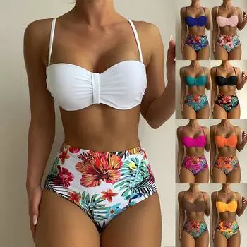 Бикини с высокой талией, однотонный купальник, женский купальник с эффектом пуш-ап, женский купальный костюм с лямкой на шее, винтажный купальный костюм, Biquini S белый