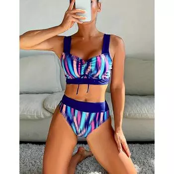 Бикини с высокой талией, женский купальник, купальный костюм с принтом, элегантная пляжная одежда, женский купальный костюм из двух предметов, бикини S синий