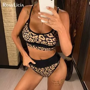 Бикини с золотым принтом, купальник с высокой талией, женский купальник, комплект из двух частей, купальный костюм, купальный костюм S леопардовый