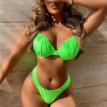 Бикини, сексуальные женские купальники, женские однотонные бандажные стринги, бразильский купальник, комплект бикини, пляжная одежда S зелёный