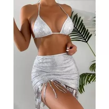 Бикини, сексуальный облегающий комплект из трех предметов на шнуровке, топ с бахромой, горячий золотой сплит, одноплечевой ремень, стальное кольцо, разделенный купальник S чёрный