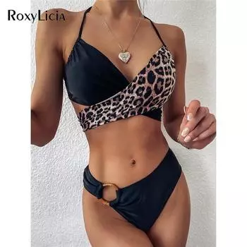 Бикини со средней талией, женский купальник, женские купальники, комплект из двух частей, комплект бикини с леопардовым принтом, купальный костюм S чёрный/леопардовый