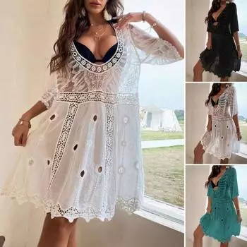 Бикини, солнцезащитный крем, мягкая ткань, милая половина рукава, сексуальное тонкое прозрачное кружево с глубоким V-образным вырезом чёрный