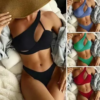Бикини сплошной цвет с открытой спиной и разделенной высокой талией, быстросохнущая пляжная одежда, купальный костюм на одно плечо