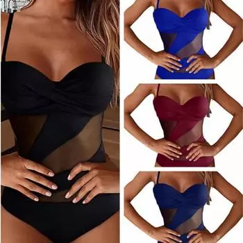 Бикини Сплошной цвет Сексуальная сетка в стиле пэчворк Полая стальная поддержка Цельный купальник S чёрный