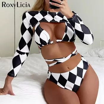 Бикини в клетку с длинными рукавами, женский купальник, женский купальник, комплект из трех частей, купальный костюм, купальный костюм для женщин S чёрный/белый