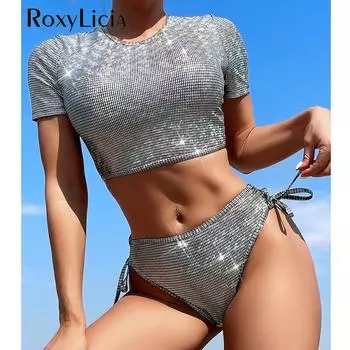 Бикини в клетку с перекрестной спиной и короткими рукавами, женские купальники, женский купальник, комплект из двух частей, купальный костюм, купальный костюм для леди S серебряный