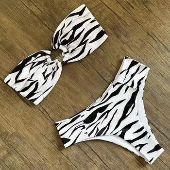 Бикини в полоску с принтом, купальник, женский купальник с высокой талией, пуш-ап, бандо, купальный костюм, женский модный пляжный наряд с вырезами S чёрный/белый