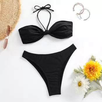 Бикини женский купальник на шнуровке однотонный черный комплект бикини стринги с высокой талией купальник пляжная одежда купальный костюм женский