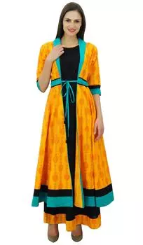Bimba 2 Pcs Designer Flaired Dress with Tie Knot Jacket Kurta Designer Kurti 10 жёлтый