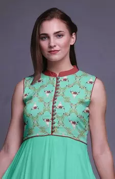 Бимба Аквамарин зеленый дамасский принт женское дизайнерское платье с воротником-стойкой Anarkali платье в индийском этническом стиле Курта Large мальвовый