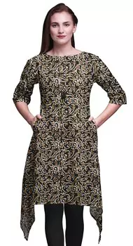 Bimba Black Blocks Block Women Kurtas Этническая печатная асимметричная летняя одежда Топы для женщин Large чёрный