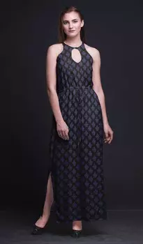 Bimba Block Ladies с круглым вырезом и талией с принтом макси-платье с боковыми разрезами, лето XXX-Large чёрный