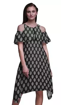 Bimba Block Print Cold Shoulder Women Swing Туника Midi с рукавами-крылышками Large чёрный